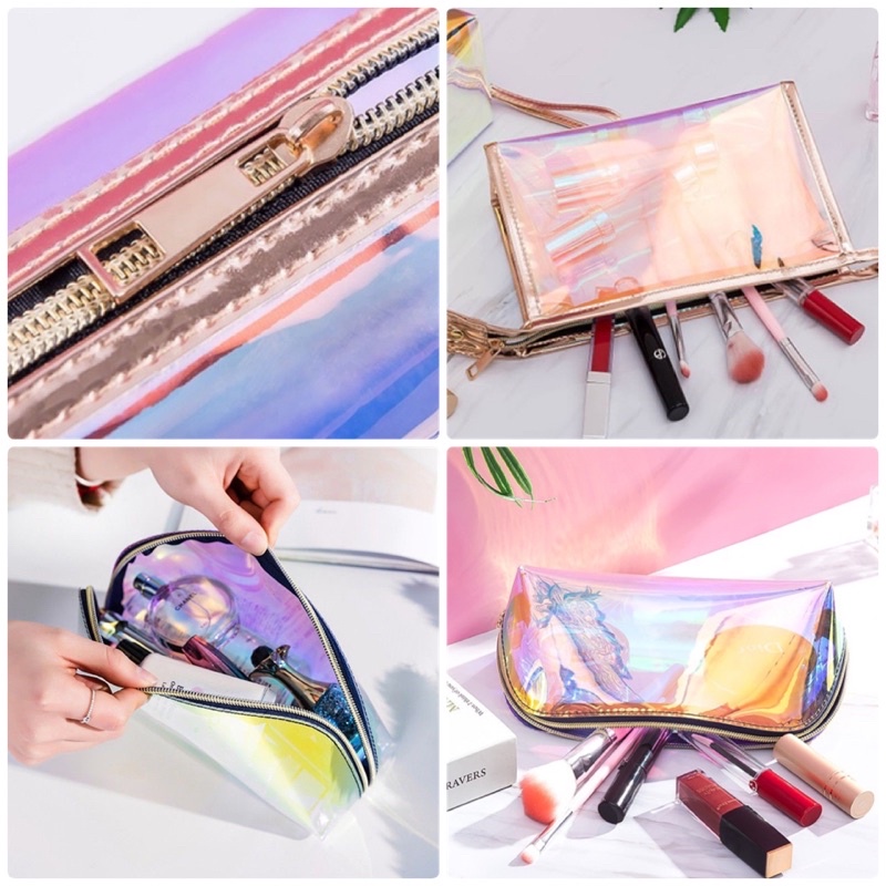 DOMPET MAKEUP TRAVEL POUCH HOLOGRAM PVC Transparan Premium Glitter Gold  Tas Makeup Mermaid Tempat Pensil Pouch Serbaguna