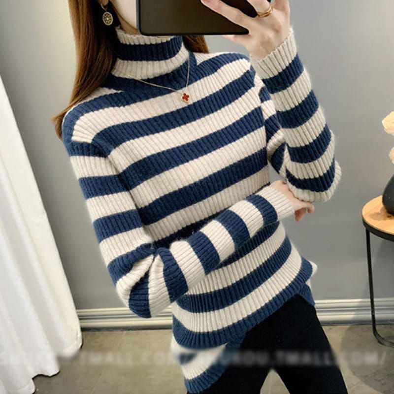 Sweater Turtleneck Salur Wanita Strip Terbaru