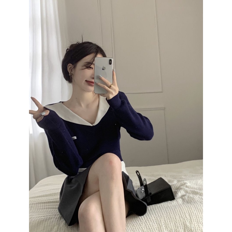 Red Gaya perguruan tinggi v-neck sweater warna kontras wanita musim gugur dan musim dingin baru yang chic dan unik atasan pendek palsu dua potong kemeja bottoming rajutan
