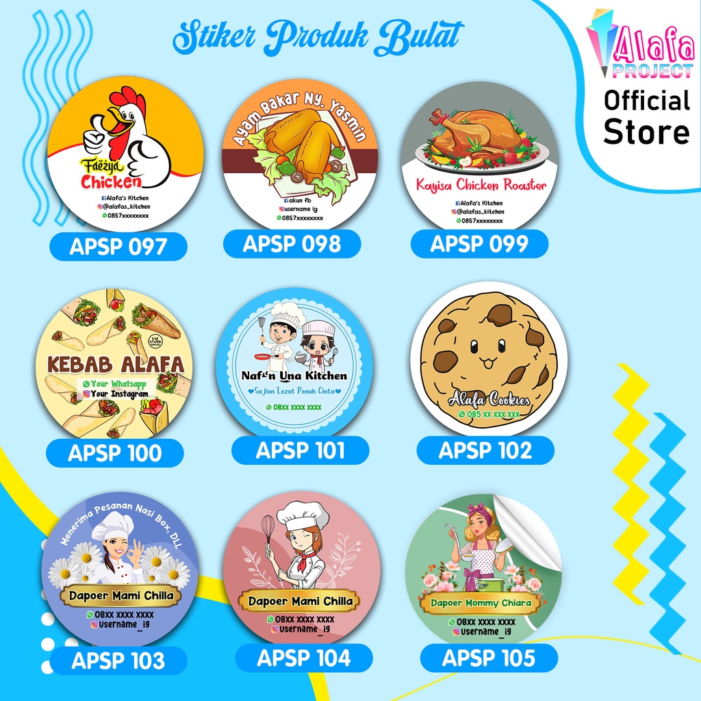 Alafaproject Stiker Toples 097-105 Stiker Produk Kemasan Makanan | Stiker Label Bulat Ayam, Kebab, K