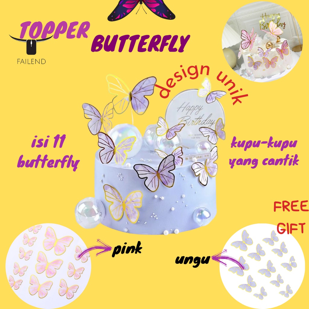 Topper Cake Ulang Tahun Butterfly Hiasan Kupu-Kupu Kue Ulang Tahun Ungu Pink 11 pcs