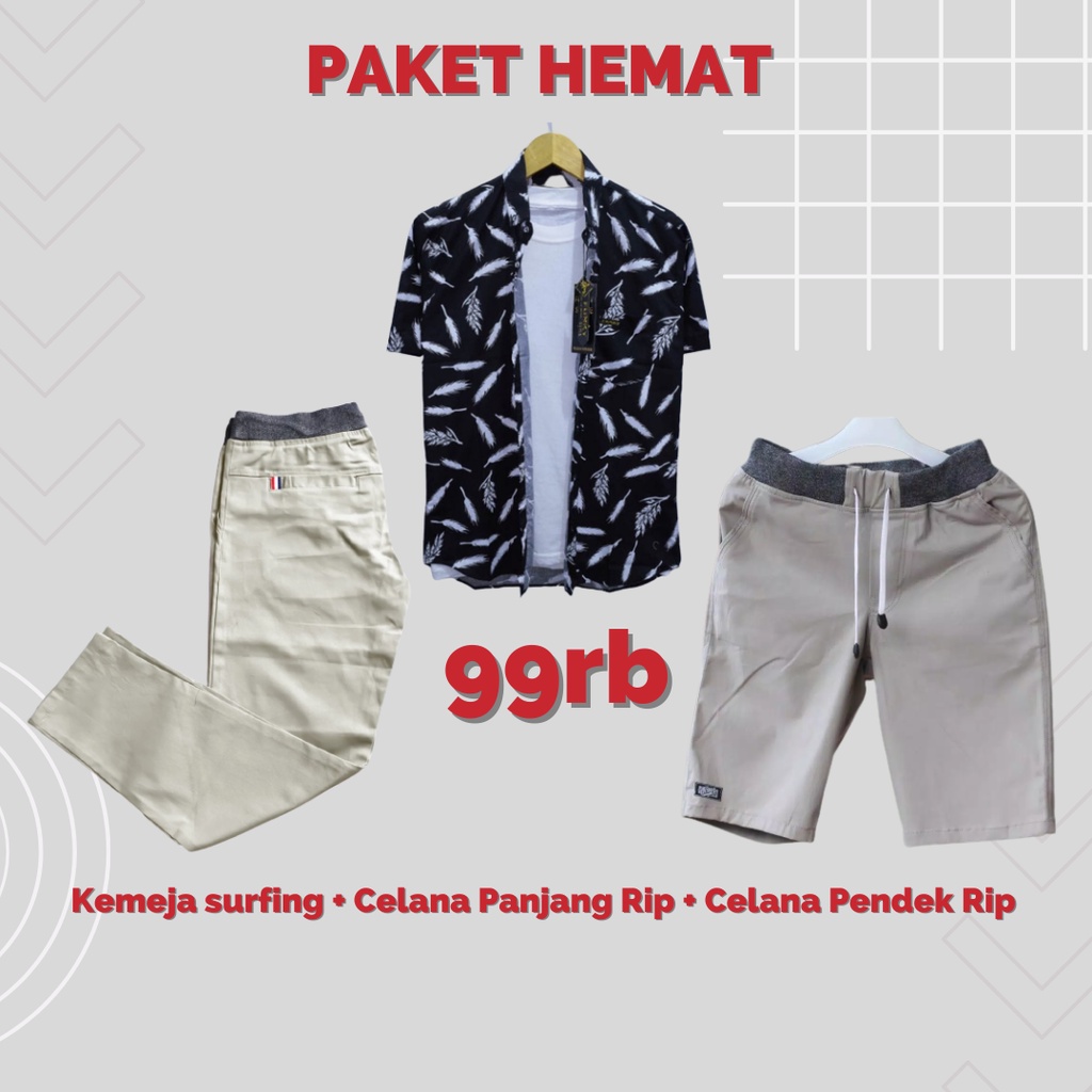 Paket Hemat Celana Panjang Pendek Kolor Rip Kemeja Lengan Pendek Surfing Motif Terbaru 2023 JU60