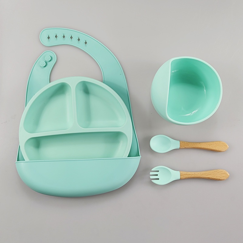 Premium Baby Bibs Tempat Makan Silicon SUCTION Dengan Bib Peralatan Makan Anak Murah Tableware Silikon Anak  -Bib-Mangkok -Piring -Garpu-Sendok