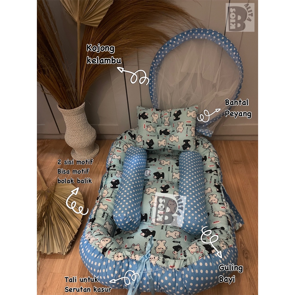 KASUR BAYI BABY NEST PREMIUM DENGAN KELAMBU + FREE BANTAL PEYANG DAN GULING BAYI (BISA 2 SISI MOTIF BOLAK BALIK)