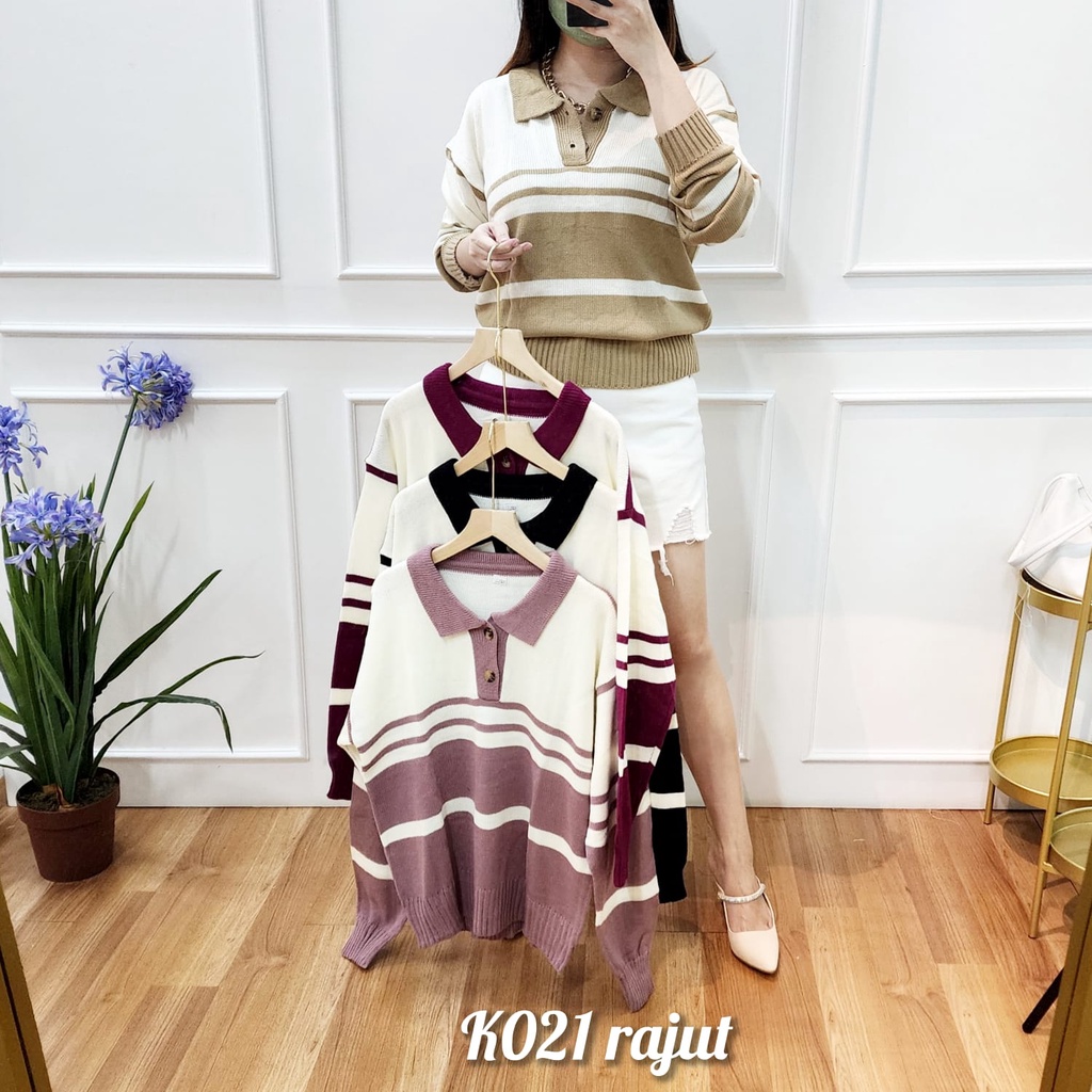 Rina Polo Stripes Sweater - Top Soft Knit - Atasan Rajut Wanita (K021)