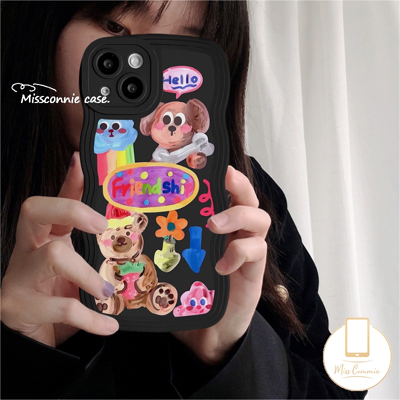 IPHONE Casing Pasangan Kompatibel Untuk Iphone11 14 13 12 Pro Max 6 6s 8 7 Plus XR 14Plus X XS Max SE 2020 Kartun Grafiti Anjing Lucu Populer Gadis Lucu Stiker Lembut Bergelombang Tepi Case