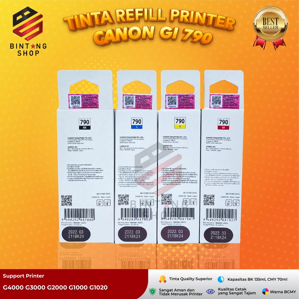 Tinta Canon Gi 790 Black Tipe Printer G1000 G2000 G2020 G3000 G4000 G1010 G2010 G3010