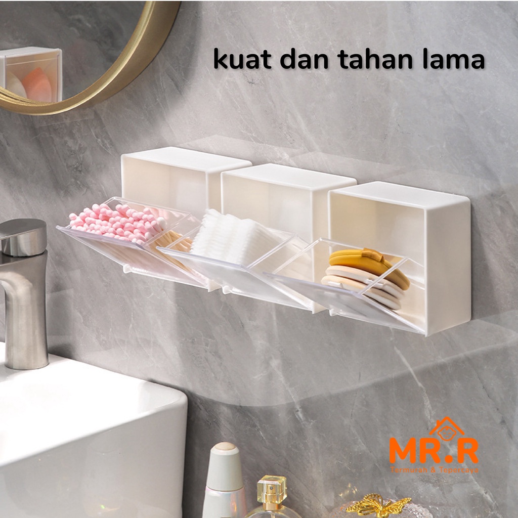 Organizer Serbaguna Mini Anti Air Tempat Cotton Bud Kotak Make Up Kosmetik Benda Kecil Kotak Penyimpanan Kapas Model Tempel Dinding Serbaguna