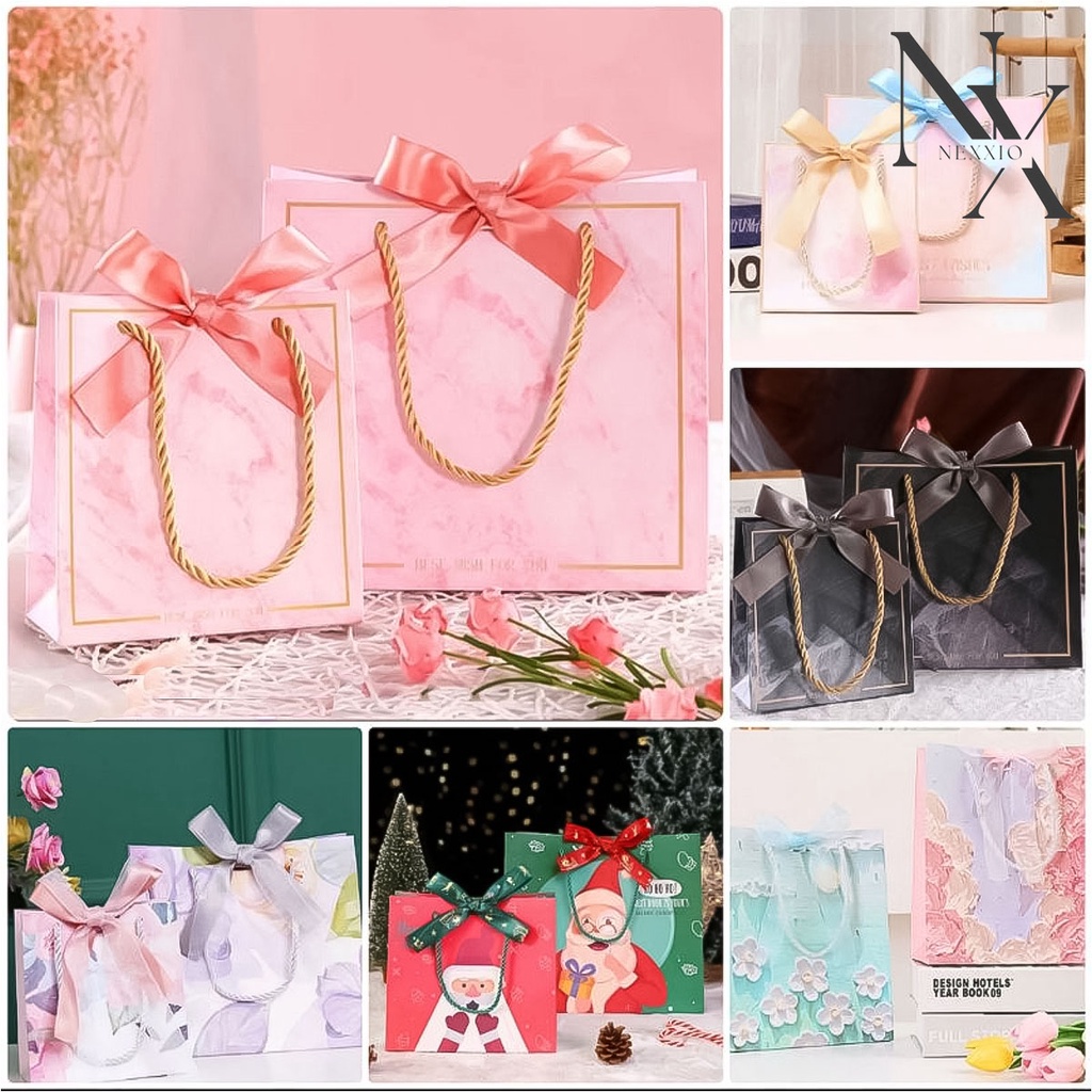 NEXXIO Paper Bag Mewah Premium plus Pita / Paperbag Marble premium  / Paper Bag Marmer / Kado Kertas Kantong / Paper Bag Kertas Karton dengan Pita Aneka Motif