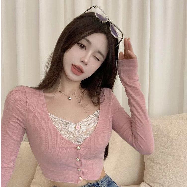 Red 2022 Musim Gugur Baru Pakaian Wanita V-Leher Splicing Renda Rajutan Sweter Slim Fit dan Kemeja Tipis Desain Pendek Top