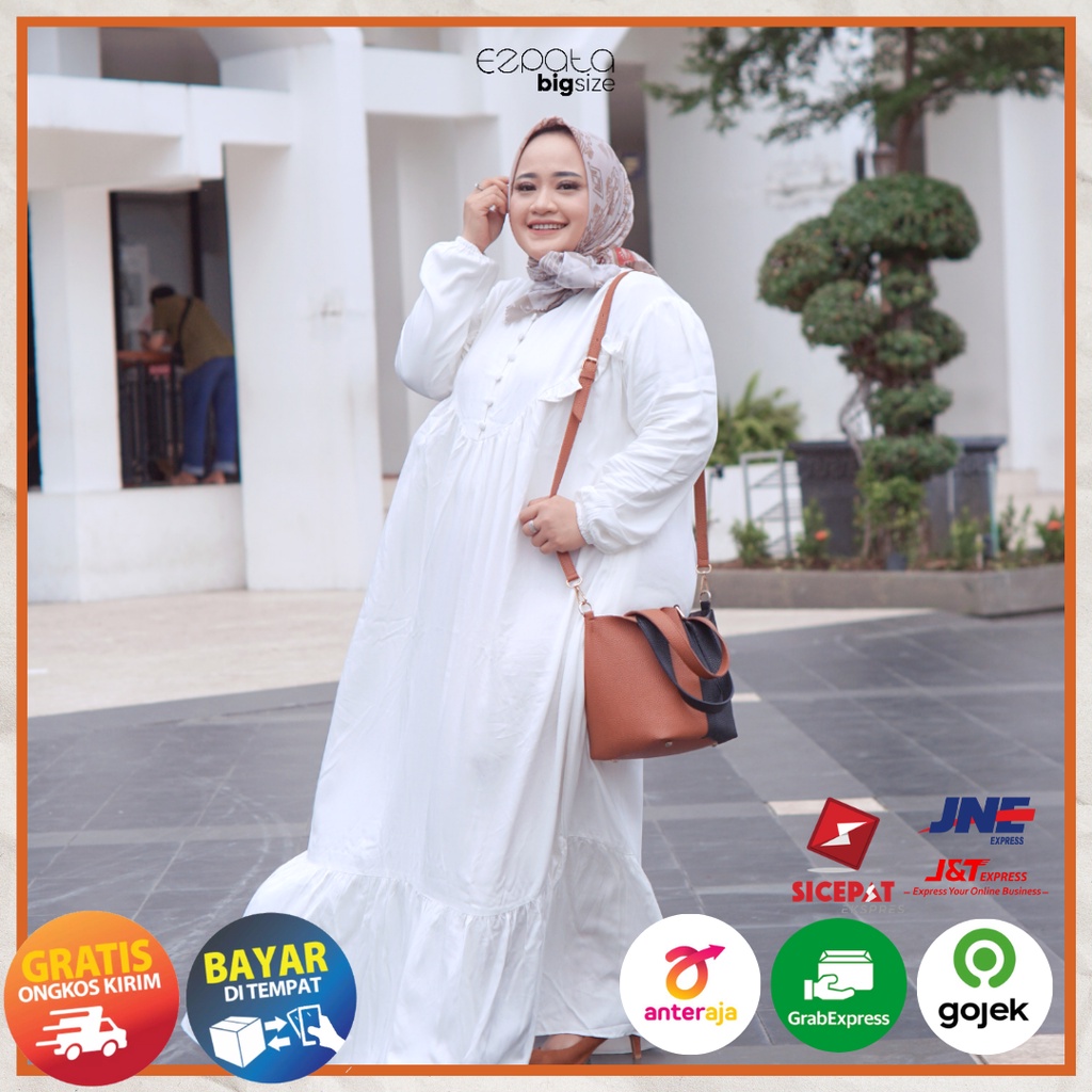 Ezpata Gamis Putih Wanita Fashion Muslim Dress Rayon Jubah Polos Jumbo LD 130cm Kancing Depan Lengan Karet Busui Wudhu Friendly Murah Berkualitas