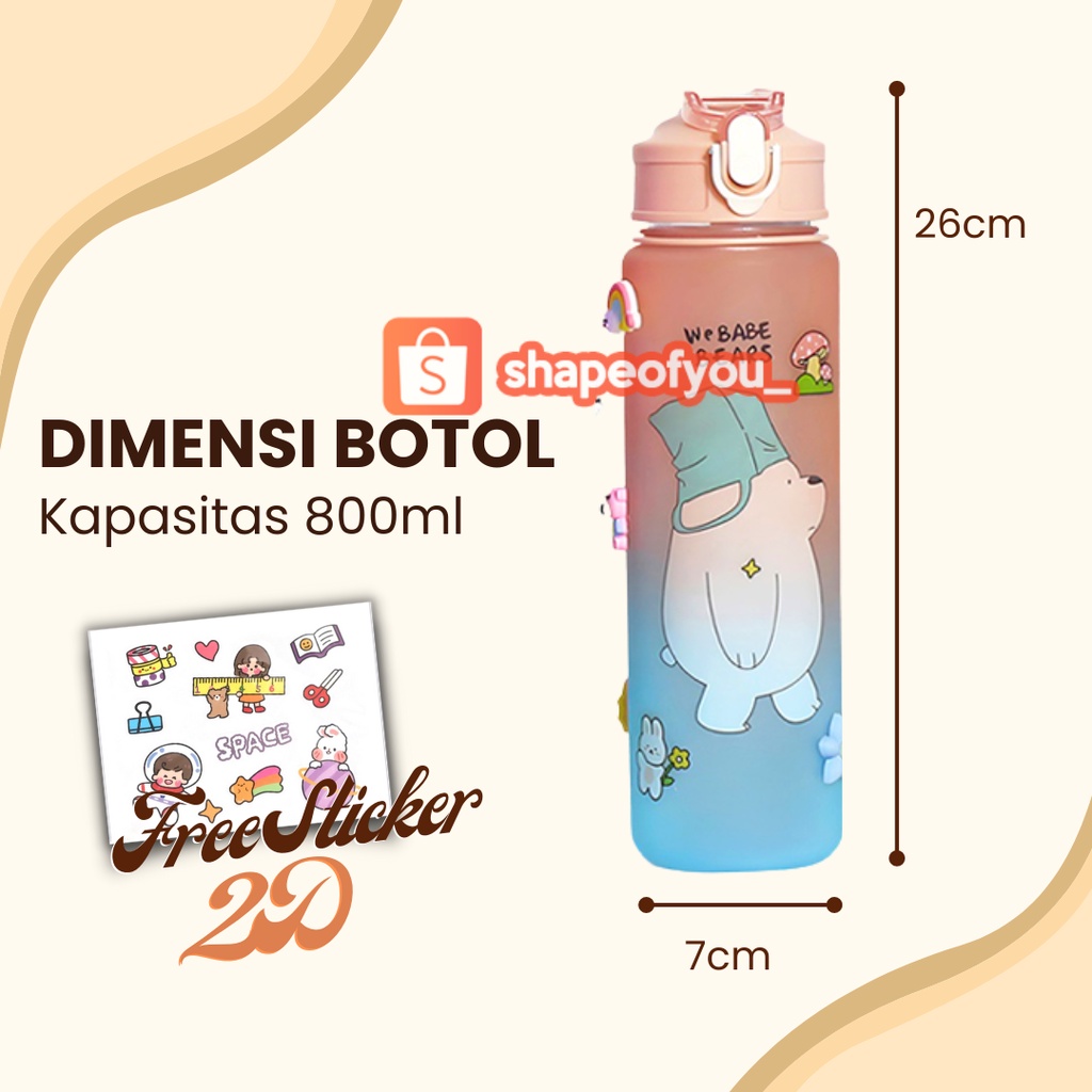 Botol Minum Rainbow Karakter We Babe Bears 850ml Sedotan Tali Strap Freee Sticker