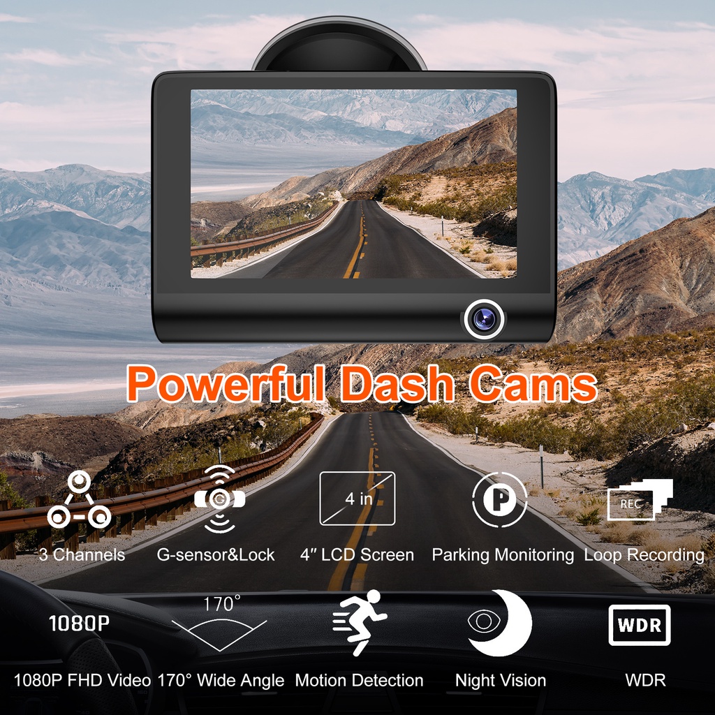 ESSGOO Dash Cam Car 1080p Night Vision 3 Lens 4&quot; Ips  Loop Recording 170°wide G-senor