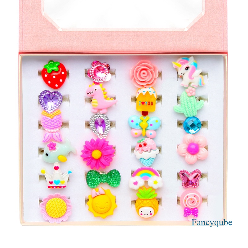 24pcs/set Cincin Kartun Anak Bunga Hewan Adjustable Alloy Kids Ring