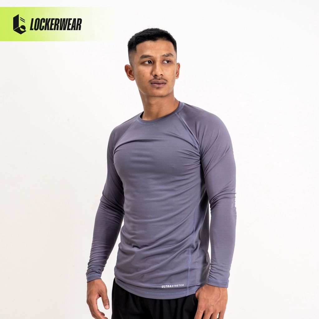 Jual Manset Baselayer Lengan Panjang Rash Guard Kaos Olahraga Pria Abu Polos Compression Shirt