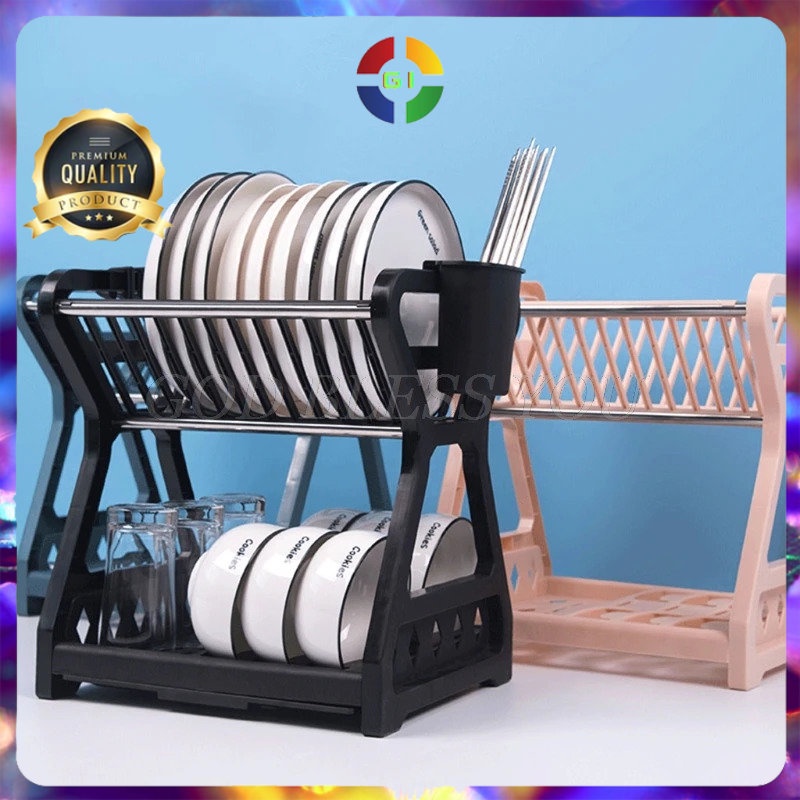 Rak Piring Gelas Pengering Drainer Kitchen Dish Rack 2 layer Black COD