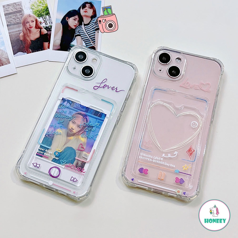 IPHONE Korea Pink Huruf Cinta Hati Card Holder Phone Case Untuk Iphone14 13 12 11 Pro Max 14 Pro Max Slim Fit Bumper Karet Shockproof Lembut TPU Cover