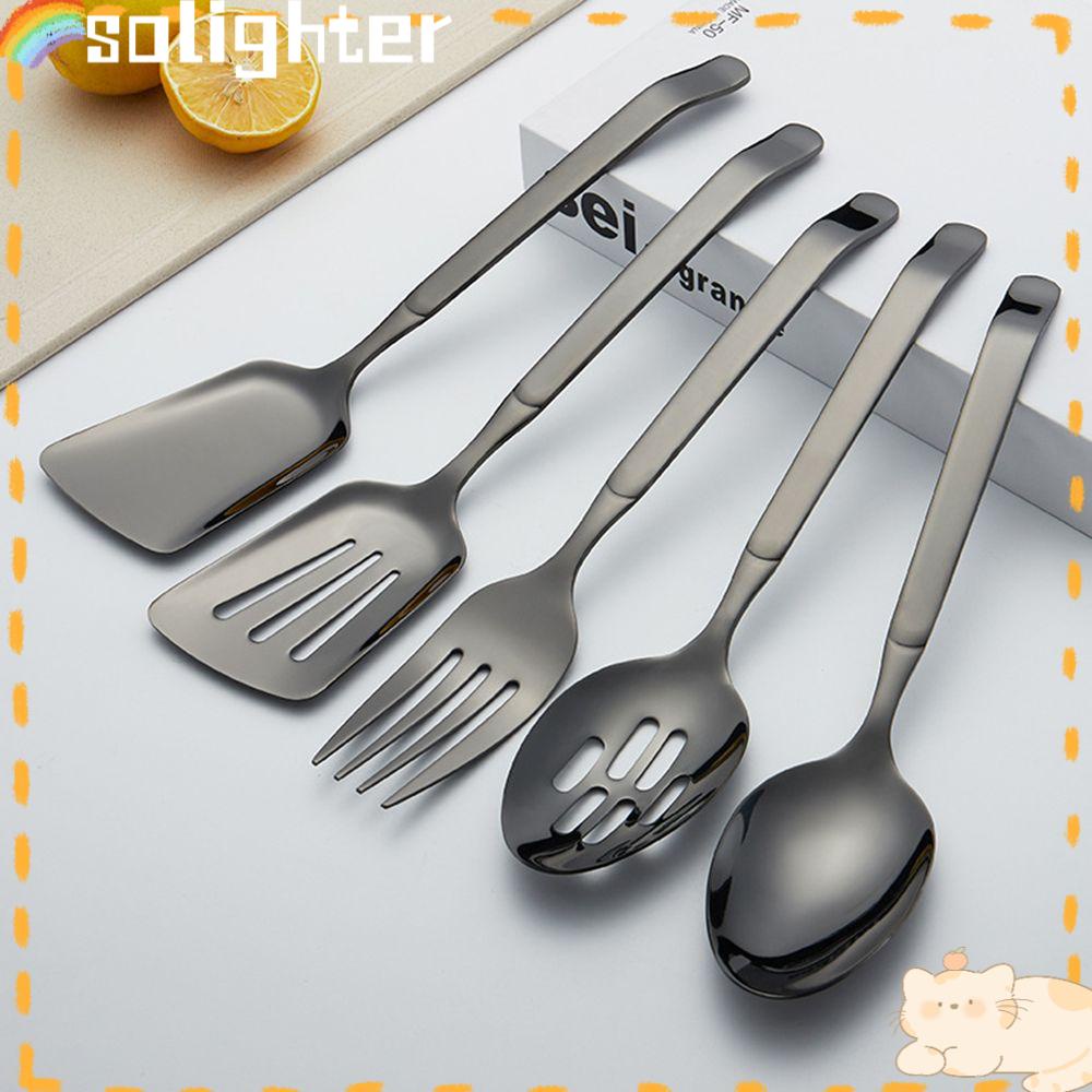 Solighter 5pcs Set Alat Makan Aksesoris Dapur Bahan Stainless Steel Untuk Menyajikan Set Sendok Saji Besar