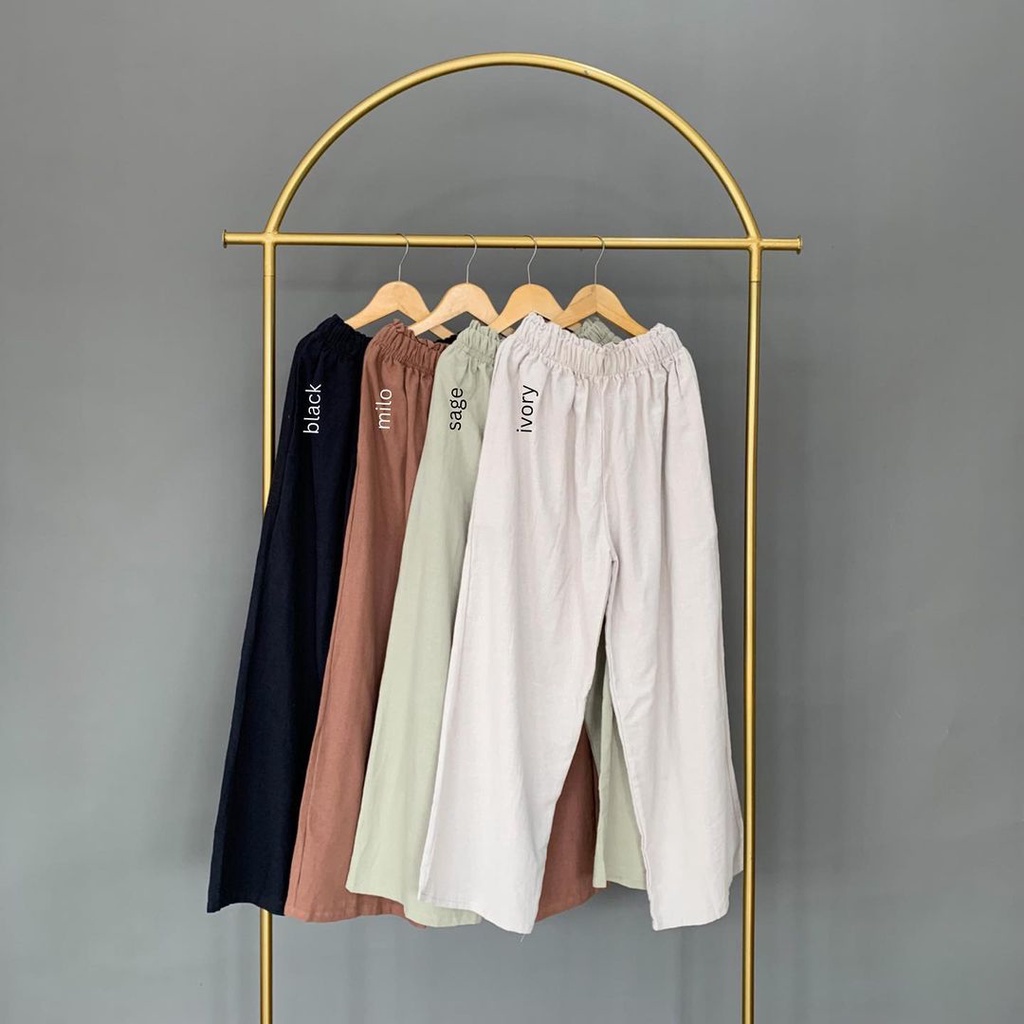 Linen Cullote Pants Yure Kulot Celana Original Highwaist Tali Karet Pinggang