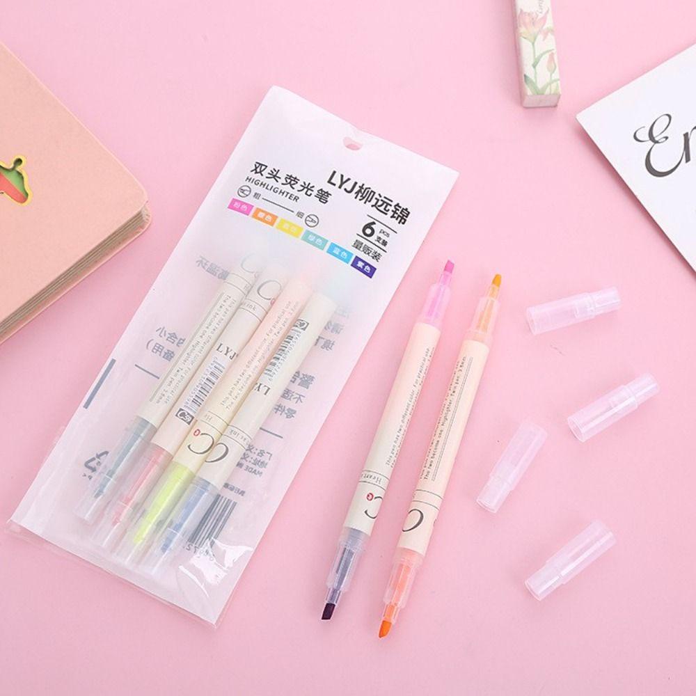 Mxbeauty Pena Stabilo Kepala Ganda set 6pcs /set Vintage Siswa Stationary Kantor Sekolah Perlengkapan Pena Neon Jepang