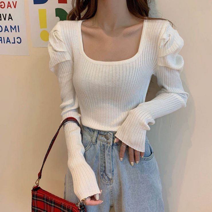 Red French square collar rajutan sweater wanita musim semi dan musim gugur baru ketat dalam sweater gaya wewangian kecil lengan panjang slim bottoming top