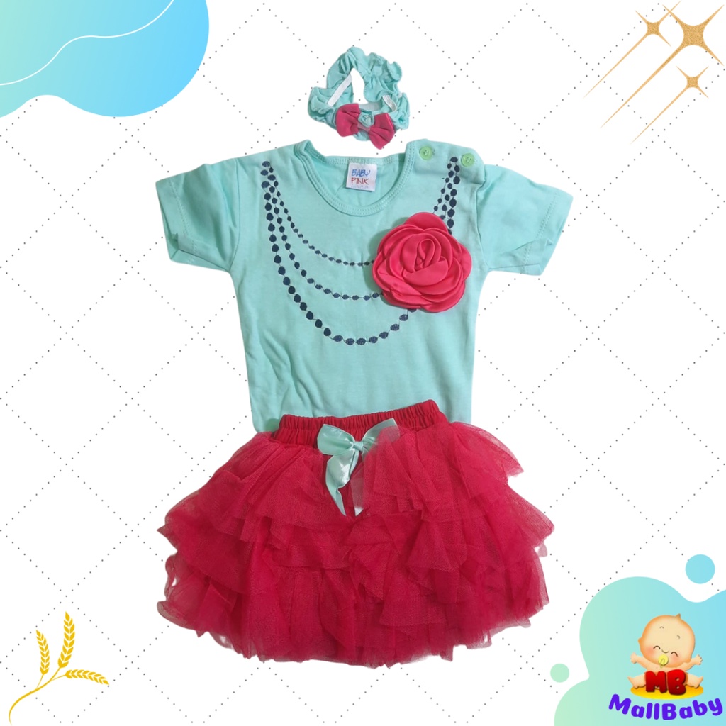 Baju  Bayi Perempuan 3 6 12 Bulan Jumper Set Anak Cewek Cantik Pink Tutu Necklace