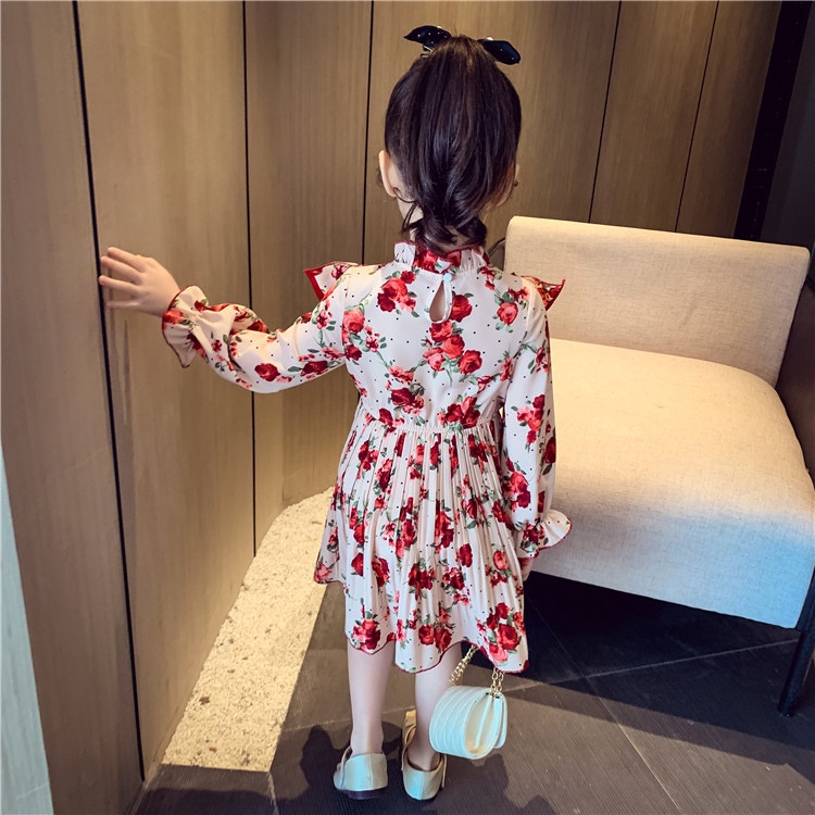 Dress Anak Perempuan Import Plisket Motif Bunga Merah