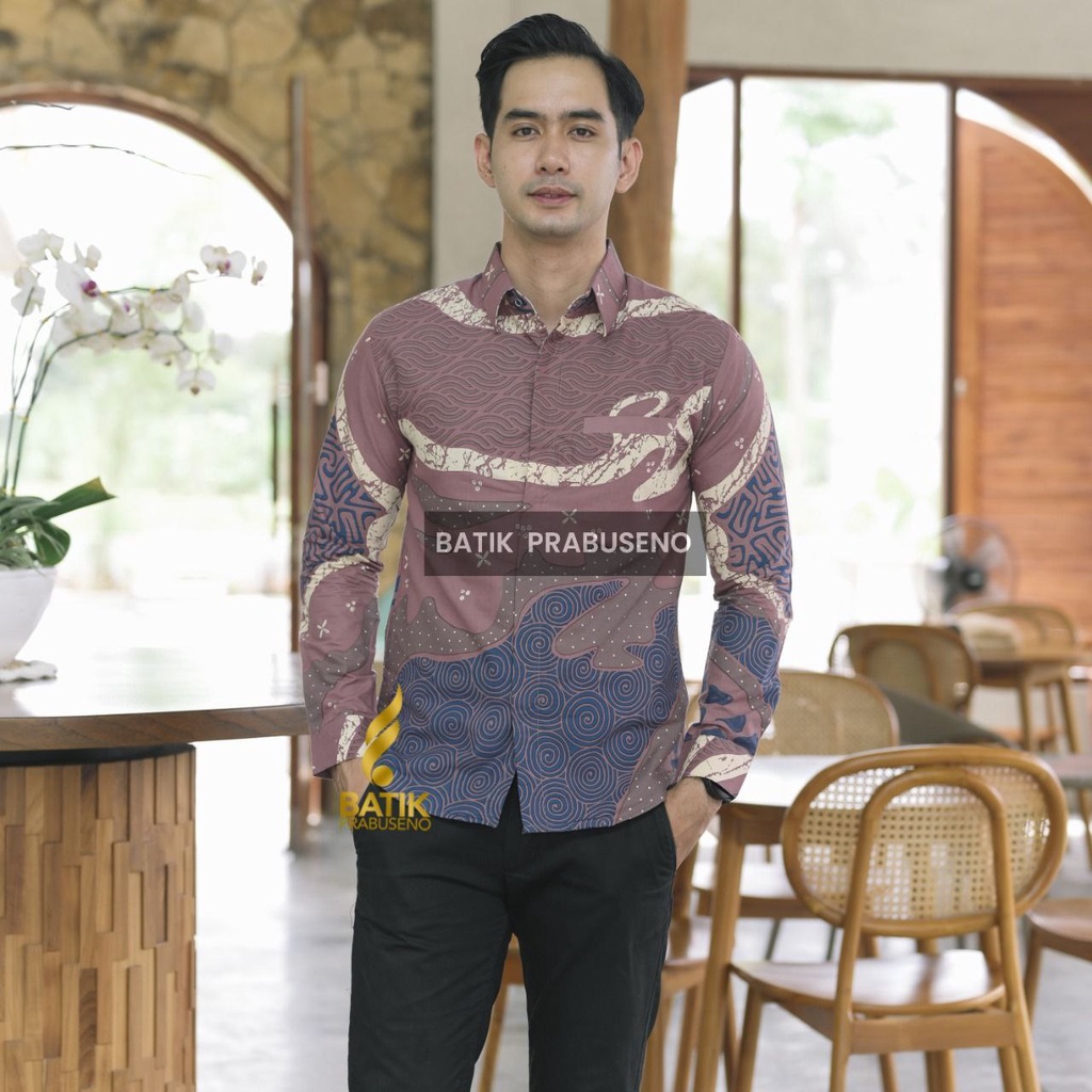 Motif Gandari Ungu Batik PRABUSENO Hem Pria Kemeja Slimfit Lengan Panjang Jumbo XL XXL Katun Premium