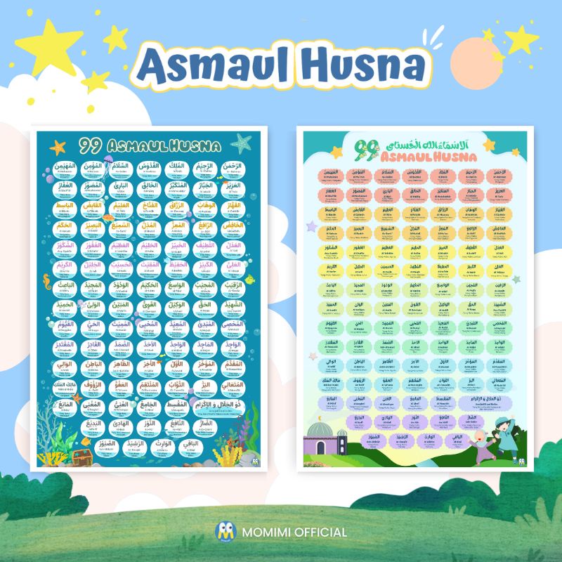 Poster Edukasi ASMAUL HUSNA Mengenal 99 Nama-Nama Allah Dilengkapi Huruf Latin dan Terjemahannya