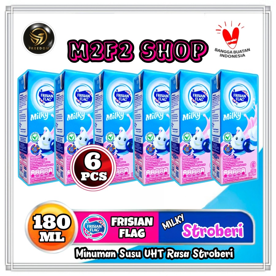 Frisian Flag Susu Bendera Cair Milky Zuzhu Kotak UHT Rasa Stroberi | Strawberry - 180 ml (Kemasan 6 