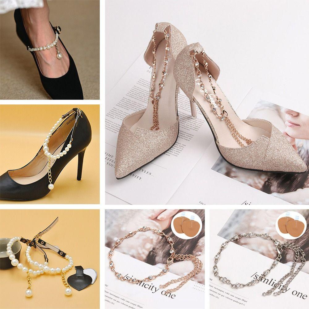 PINEAPPLE 1 Pair Women High-heeled Shoes Straps Anti-skid Adjustable Pearl Chain Anklets
