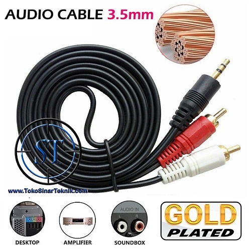 Kabel 2-1 Audio 2 RCA to 1 Jack Mini Stereo GOLD PLATED AUX 3,5mm Audio Video Laptop Komputer POwer Ampli Amplifier Kualitas Bagus