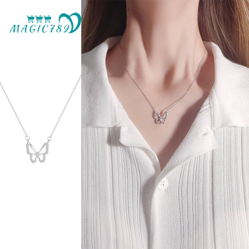 Papaozhu Elegan Perak Berongga Zirkon Kupu-Kupu Kalung Untuk Wanita Gadis Indah Berlian Imitasi Tulang Selangka Rantai Kalung Fashion Perhiasan Hadiah