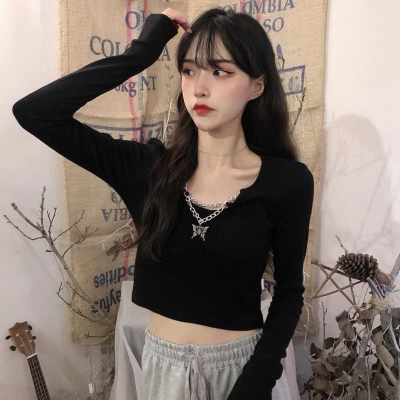 Red 2022 musim gugur gaya Korea baru slim bottoming shirt top rasa desain rantai hitam pendek lengan panjang T-shirt pakaian wanita