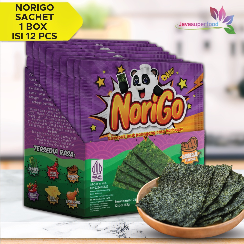 Norigo BBQ (1 BOX ISI 12 PCS) / Nori Sachet Seaweed Snack 3g Rumput Laut Halal Rasa BBQ