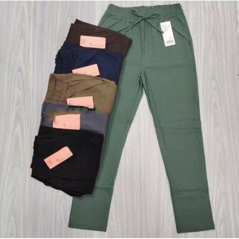 Baggy pants wanita polos panjang stretch tebal bahan denim