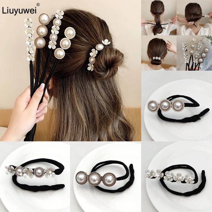 Premium Sanggul Rambut Ikat Jepit Modern Simple Wanita Korea Motif Mutiara Diamond Elegant