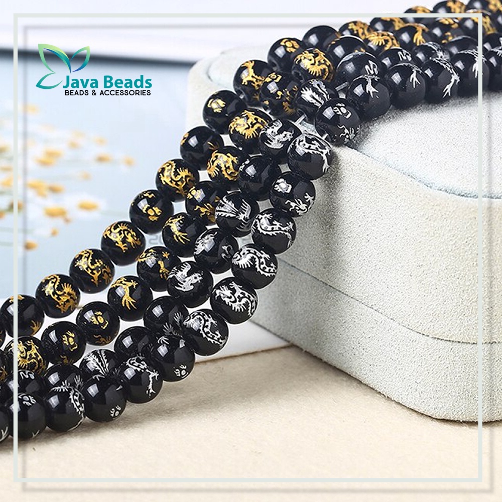 Batu Tibet Naga Glass beads Black Color Carved With Gold Silver Color Dragon Beads