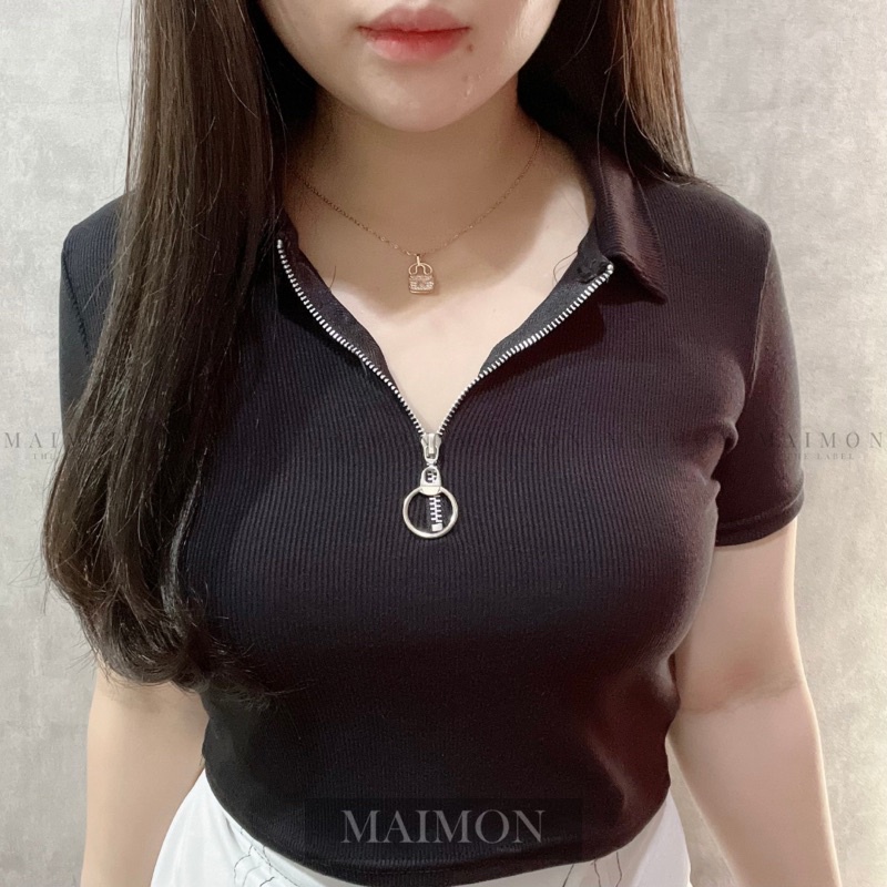 Short Sleeve Zip Up Shirt | Baju Wanita Korean Fashion | Maimon Grosir