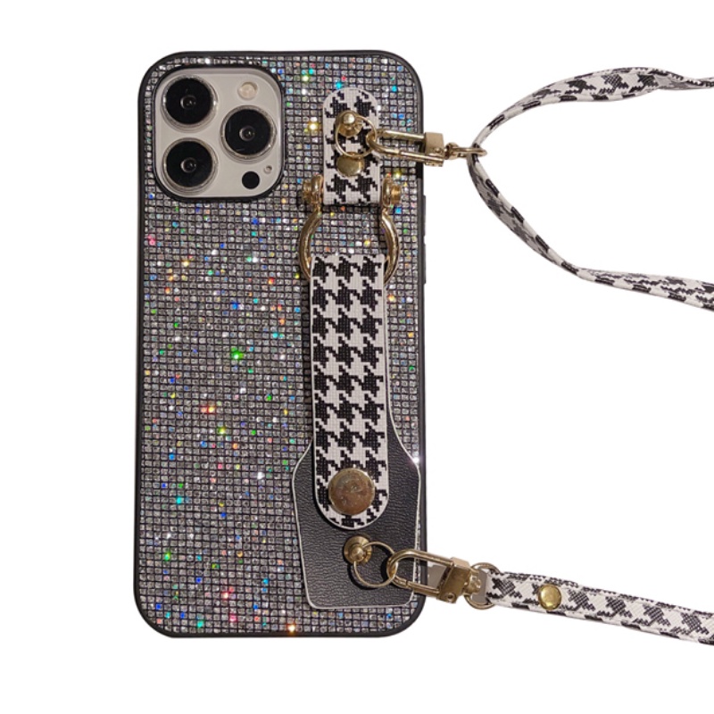 [High Quality] Flash Diamond Wrist Strap Case Untuk IPhone 14,13,12,11 Pro Max Casing Ransel Motif Houndstooth