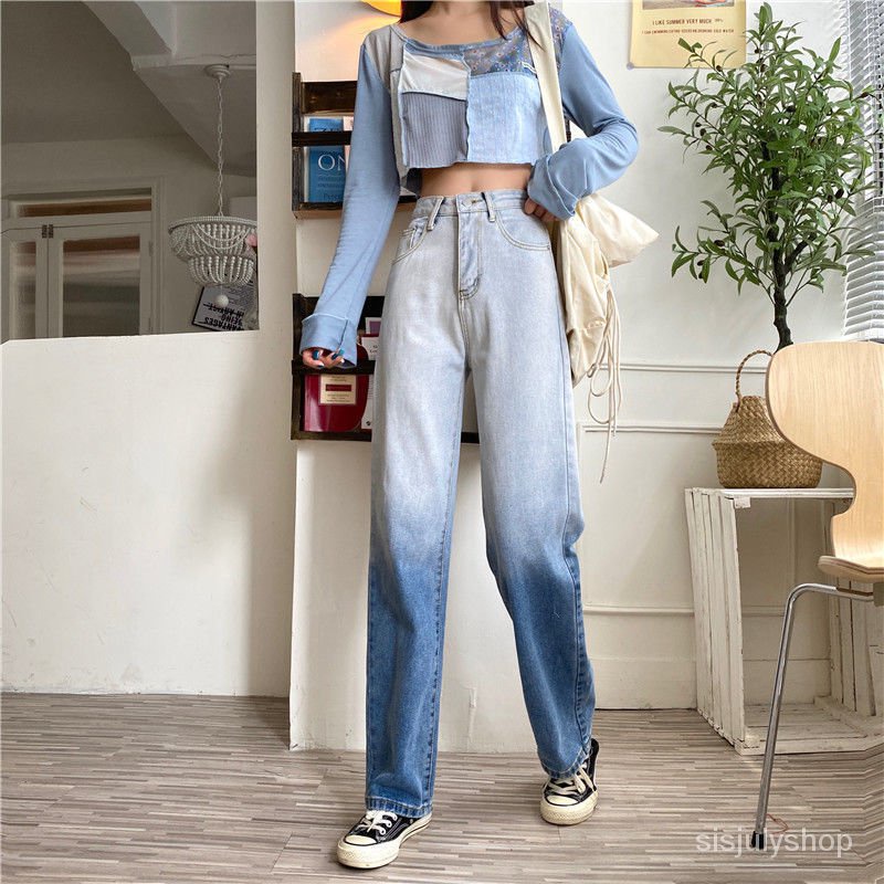 #Sisjuly# Jeans berpinggang tinggi baru wanita celana panjang kaki lebar lurus dan longgar