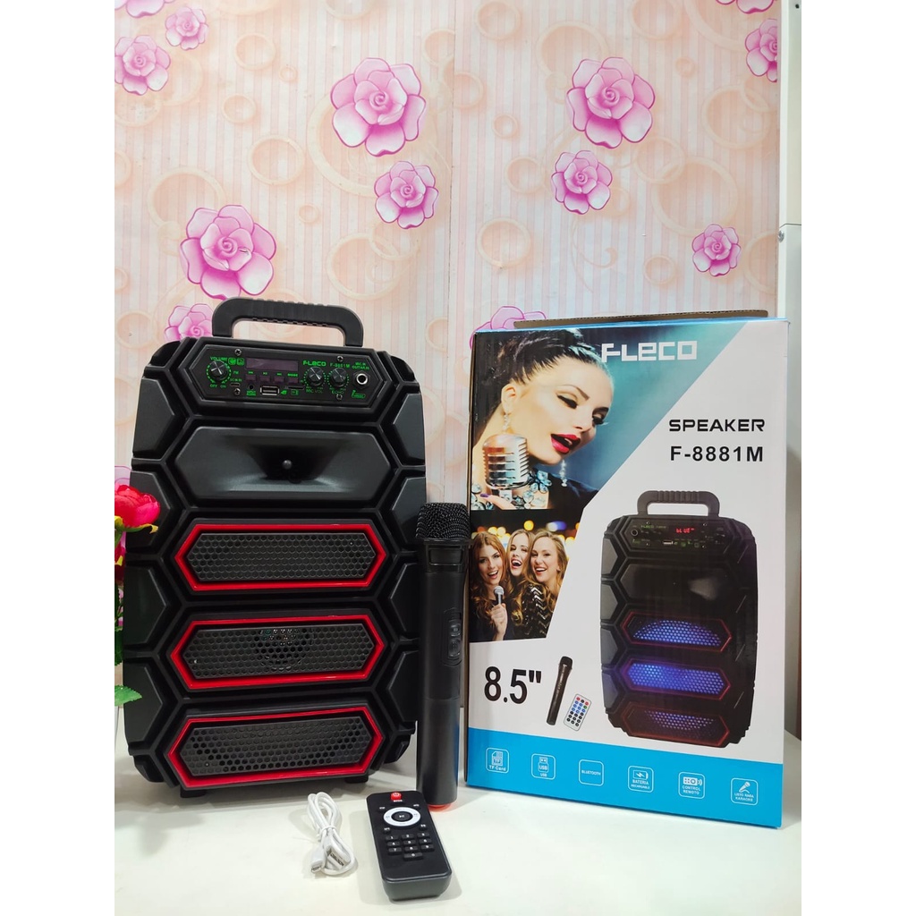 Speaker Bluetooth Super Bass 8.5 Inci Fleco F-8881 M Free Microphone Wireless / Speaker Wireless Aktif / Salon Bluetooth bt Speaker | Speaker Bluetooth Karaoke Wireless Fleco F-8881M 8,5 Inchi Gratis Microphone | Salon Aktif Portable Radio Fm | FMS