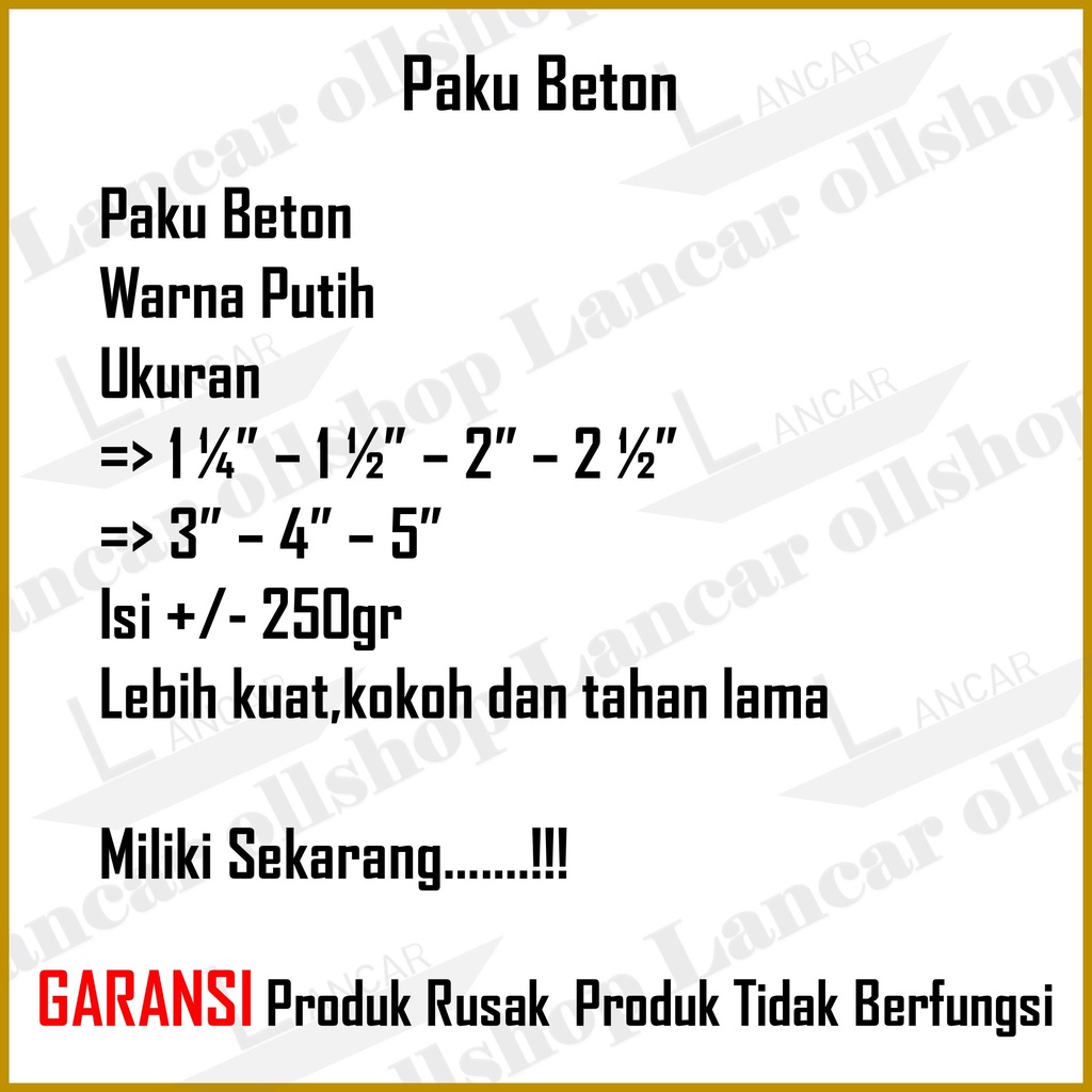 Paku beton putih 11/4,11/2,2,21/2,3,4,5,inch 3 ons/kotak / Paku tembok