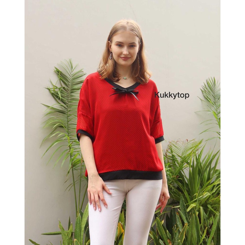 Kukky Top Blouse Edelle Polkadot Sifon Baju Atasan Wanita Oversize Korean Style 10407