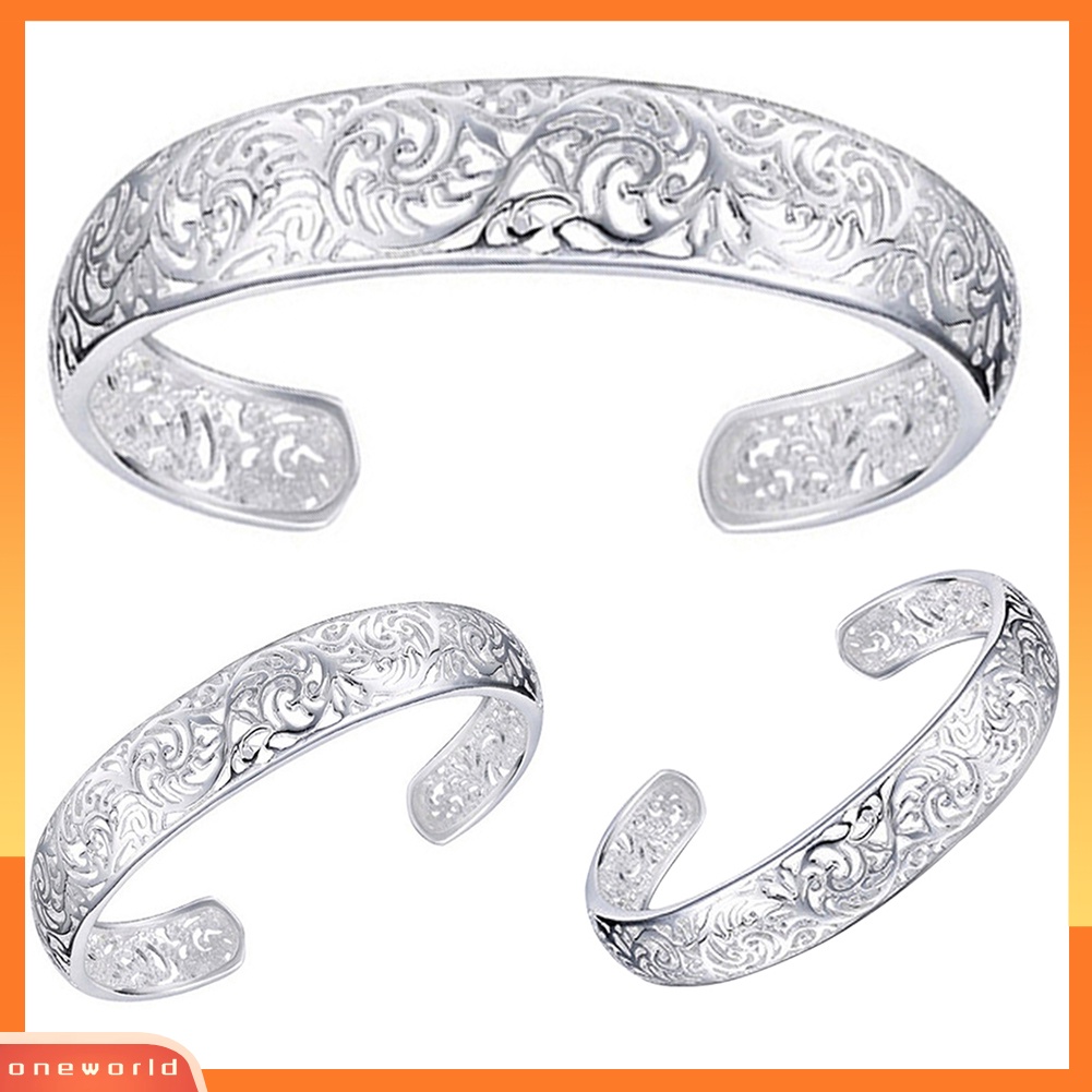 {oneworld} Gelang Cuff Bukaan Pengerjaan Indah Hollow Warna Silver Motif Ukir Retro Bangle Untuk Pesta