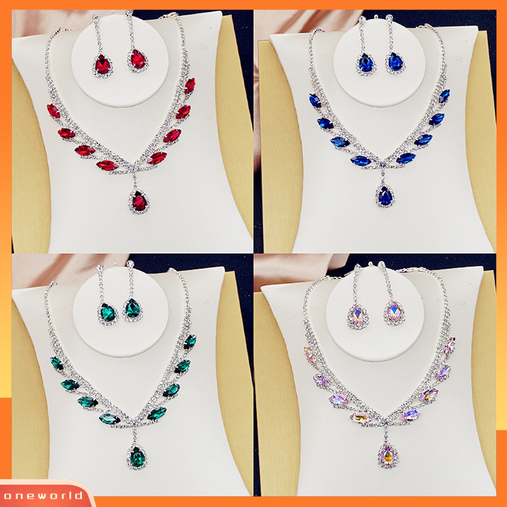[oneworld] 1set Kalung Anting Pengantin Berbentuk Tetesan Air Perhiasan Berlian Imitasi Set Perhiasan Berkilau Elektroplating Untuk Pernikahan