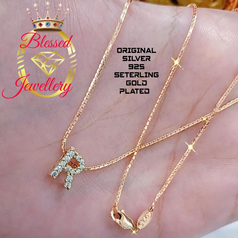 KALUNG PERAK ASLI 925 LAPIS EMAS MODEL ITALI SANTA LIONTIN HURUF R