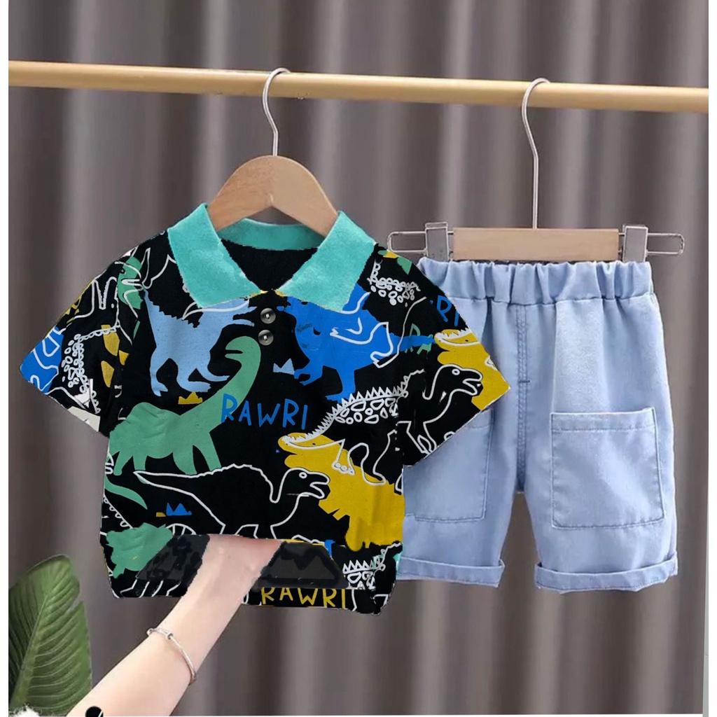 SETELAN ANAK BAJU ANAK SETELAN POLO DINO DENIM JEANS UMUR 1-5 TAHUN