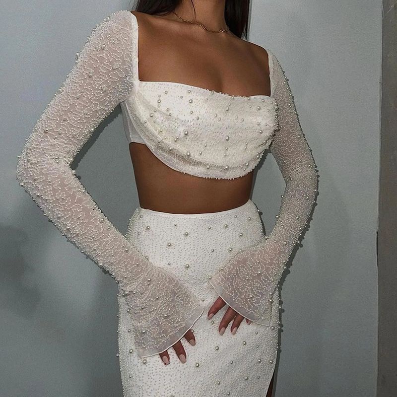 ♂INSDOIT Eropa dan Amerika kecil pria kasual fashion wanita musim gugur baru celah rok manik-manik two-piece set