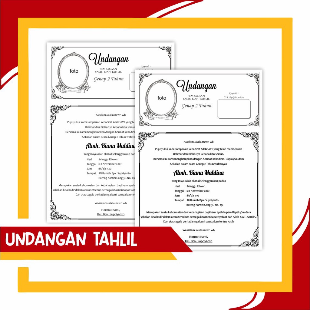 

UNDANGAN TAHLILAN / TASYAKURAN / WALIMATUL URSY / AQIQAH / KHITAN / KEHAMILAN